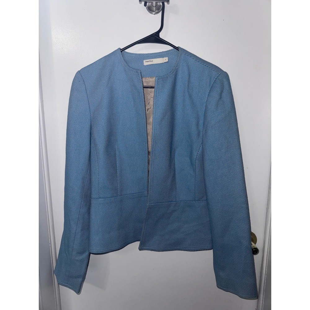 Perry Ellis Womens Blue White Striped Collarless Open Front Blazer Jacket Size 4